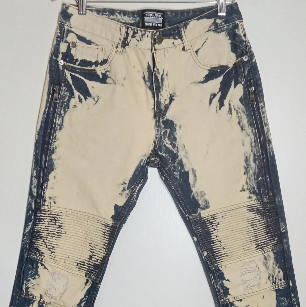 Noble Jeans Superior Standard Acid Wash Moto Jeans with Zippers